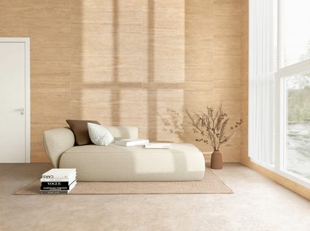 Керамогранит Global Tile 600x1200 Травертин Романо GT1206029902MCR бежевый матовый карвинг фото в интерьере