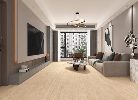 Керамогранит Global Tile 600x1200 Травертин Романо GT1206029902MCR бежевый матовый карвинг фото в интерьере