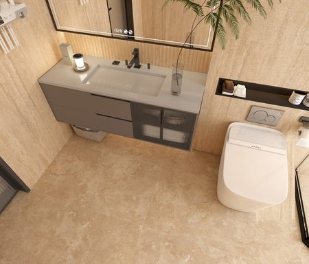 Керамогранит Global Tile 600x1200 Травертин Романо GT1206029992MCR канноли бежевый матовый карвинг фото в интерьере