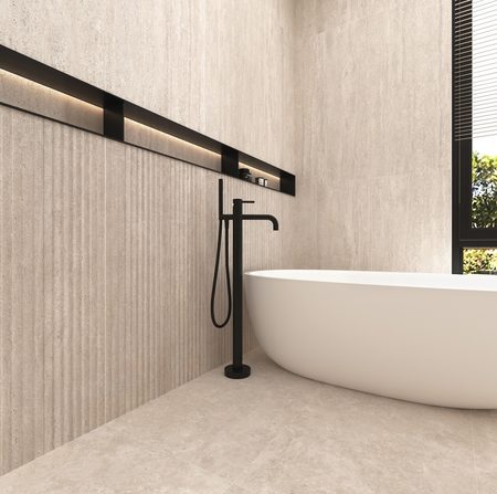 Керамогранит Global Tile 600x1200 Травертин Романо GT1206029907MCR светло-бежевый матовый карвинг фото в интерьере