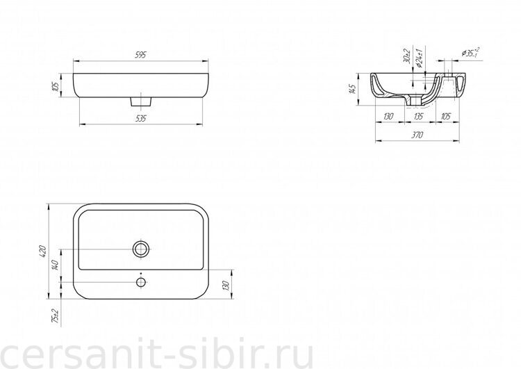 Раковина Cersanit на столешницу CASPIA 60 SQUARE 1 отв.