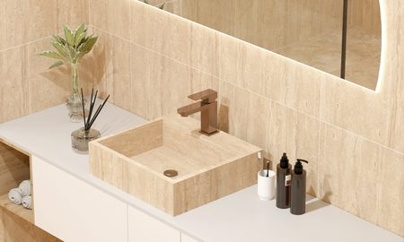 Керамогранит Global Tile 600x1200 Травертин Романо GT1206029902MCR бежевый матовый карвинг фото в интерьере
